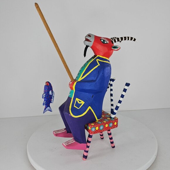 Martin Melchor Folk Art Oaxacan Alebrije Wooden Figurine Goat Fishing On Chair - Picture 8 of 8